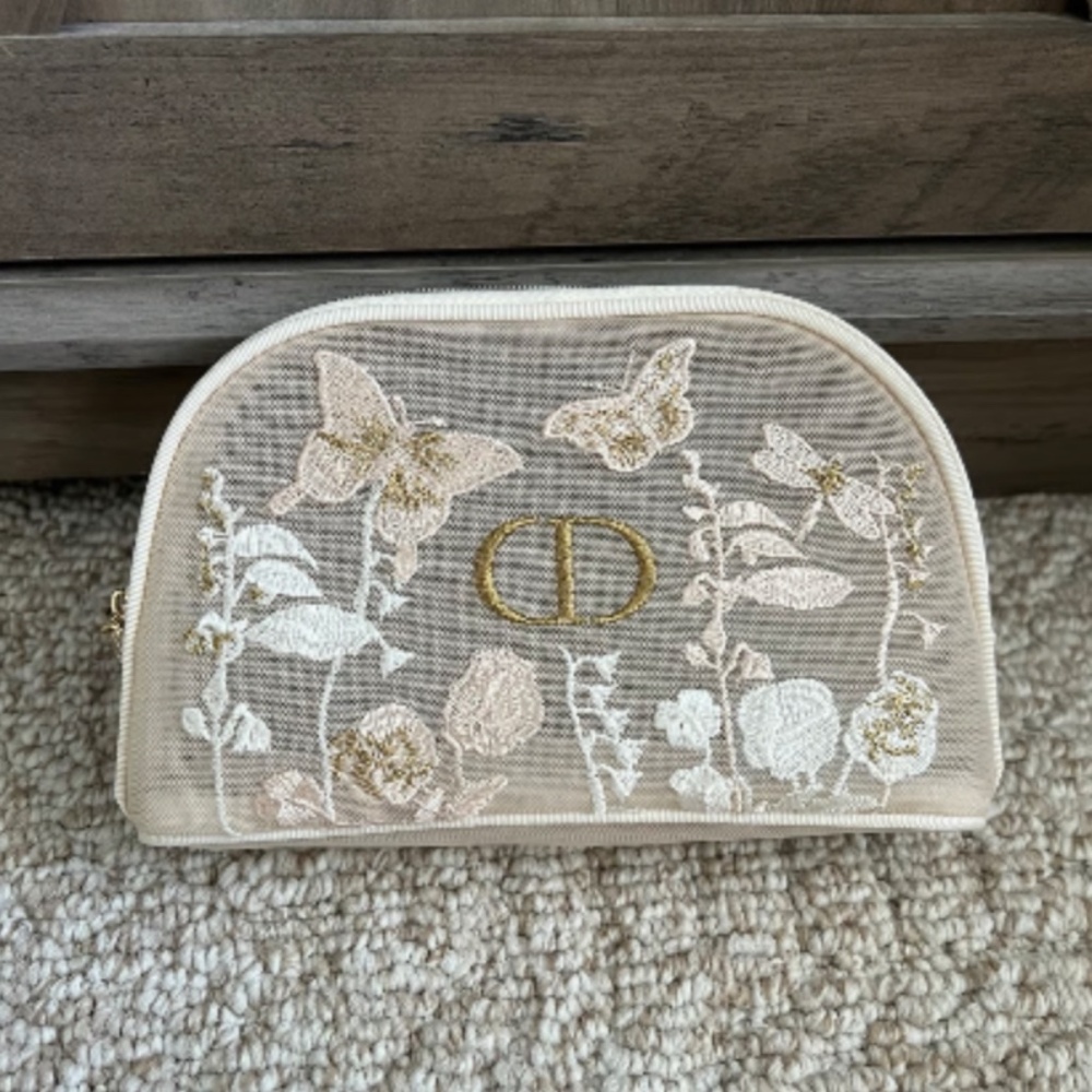 NEW Dior Floral Embroidered Mesh Cosmetic Pouch